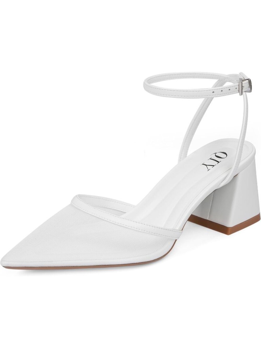 🆕Women's White Mesh Pointed Toe Block Heels Chunky Ankle Strap Wedding Pumps